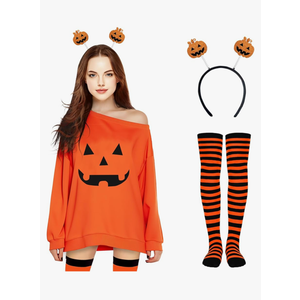Halloween Pumpkin Customs for Women: Pumpkin Sweatshirt Dress Set - Halloween Woman Costume Off Shoulder Pullover Tops, Size L