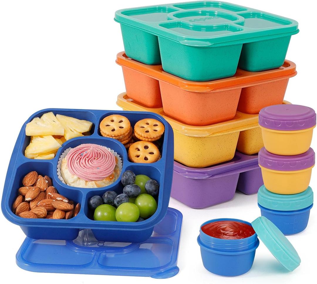FANCILLA Adult Lunchable Container 5 Pack - Stackable 5 Compartments Lunch Bento Snack Box Containers for Kids, Reusable Snackle Box with 4 Sauce Containers, Wheat Straw, BPA-Free, Dishwasher Safe (Jewel Brights)