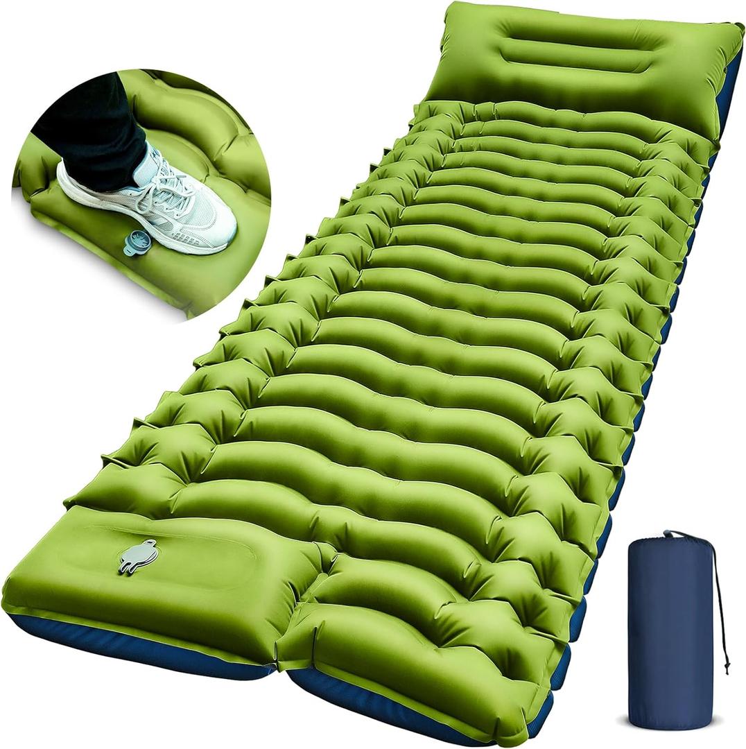 Yuzonc Camping Sleeping Pad, Ultralight Camping Mat with Pillow Built-in Foot Pump Inflatable Sleeping Pads Compact for Camping Backpacking Hiking Traveling Tent (Blue and Green)