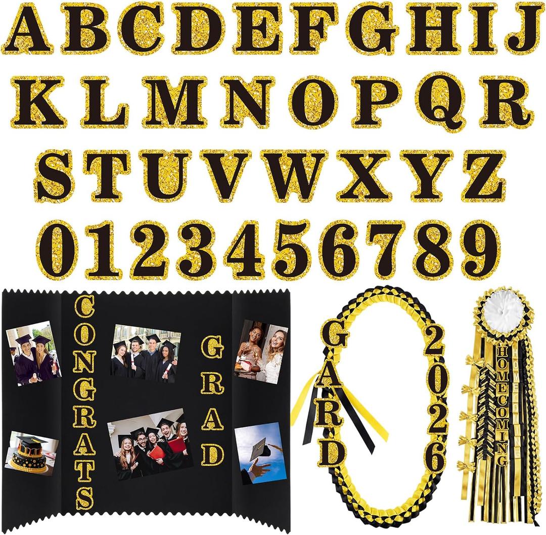 72 Pcs Glitter 2026 Graduation Letters Numbers Cardstock Shiny Crafts Alphabet with Adhesive Dots for Graduation Trifold Photo Board Grad Leis Homecoming Mums DIY Supplies(Black Gold)
