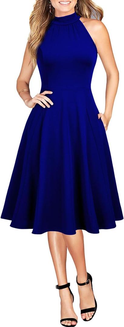 WOOSEA Womens Sleeveless Halter Neck Bodycon A-Line Cocktail Party Pockets Swing Dresses