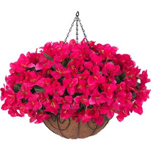 Artificial Fake Hanging Flowers Plants Basket for Outdoors Spring Summer Decoration, Faux Silk Bougainvillea Flowers in Planter UV Resistant Realistic for Outside Porch Patio Garden Yard Home, Hotpink
