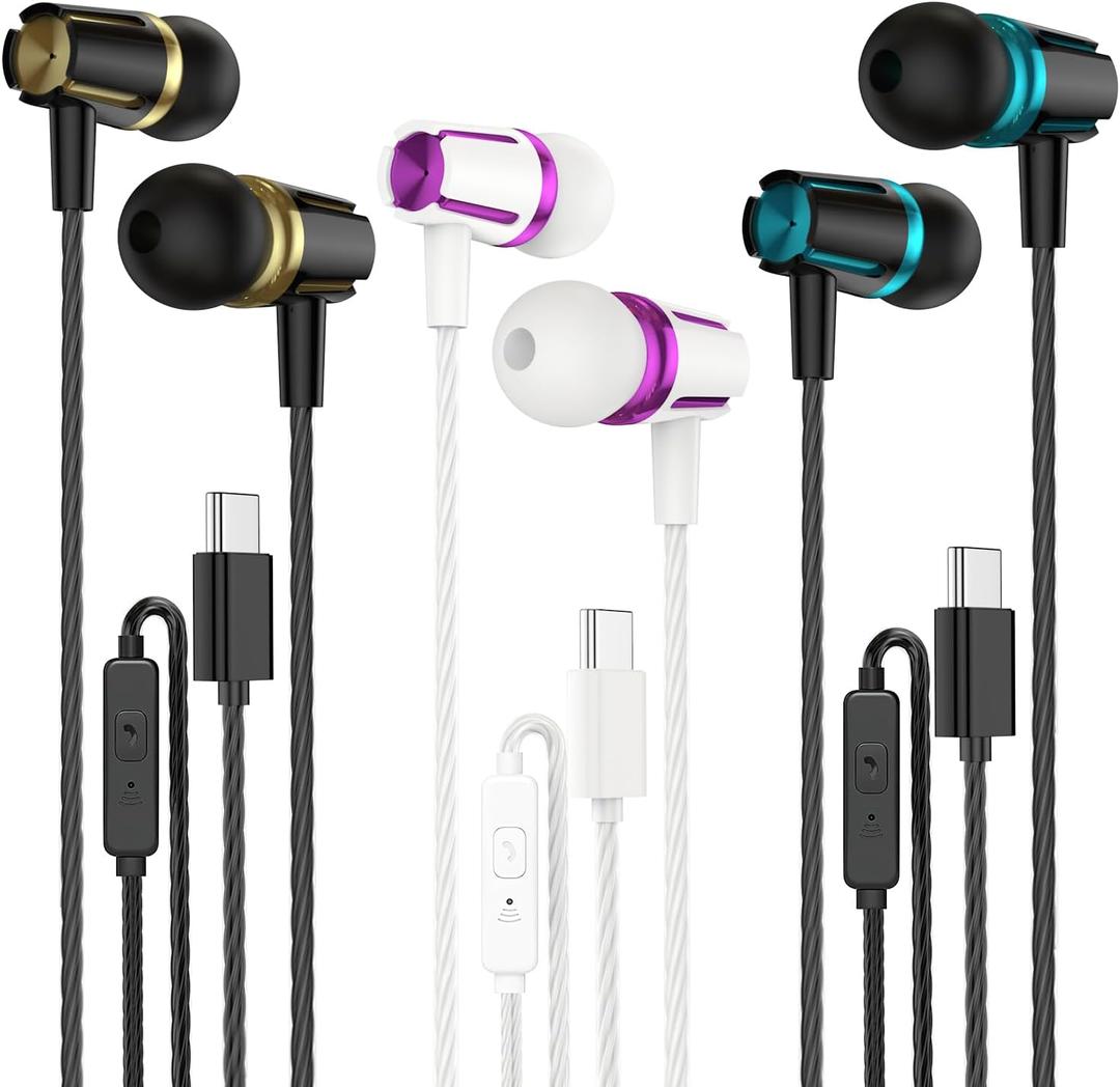 Rayleigh USB C Headphones with Microphone 3 Pack, Wired Earbuds with Heavy Bass, Type C Earphones with Noise Isolating, Compatible with iPad, Android Phones, Fits Most Type C Devices (Black Gold+White Purple+Black Blue)