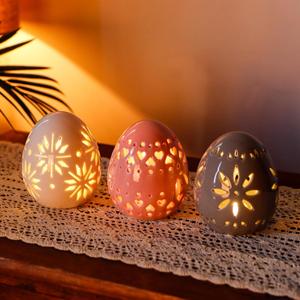 JHY DESIGN Set of 3 Ceramic Decorative Lamp 4" H Mood Lamp Battery Powered Floral Carved Cordless Light Great for Living Room Bedroom Weddings Parties Patio Events (Egg) (White/Grey/Pink)