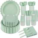 350 Pcs Sage Green Paper Plates and Napkins, Sage Green Party Supplies Include Green Scalloped Plate Paper Napkin Cup Plastic Cutlery for Baby Shower, Wedding, Birthday