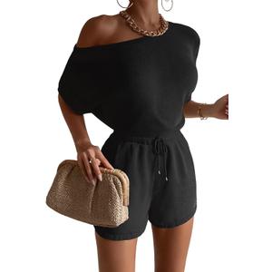 GEMLON Knit Lounge Sets for Women Boatneck Top Drawstring Shorts 2 Piece Outfits Summer (Black, M)