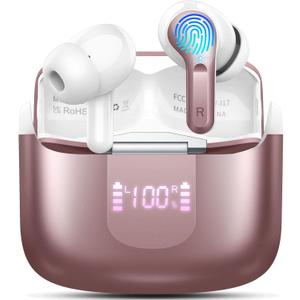 Wireless Earbuds, Bluetooth 5.3 Headphones 2025 NEW Ear Buds 40H Bass Stereo in-Ear Earphones ENC Noise Cancelling Earbuds with 4 HD Mic, USB-C LED Display IP7 Waterproof Sport Headset for Android iOS (Rosegold)
