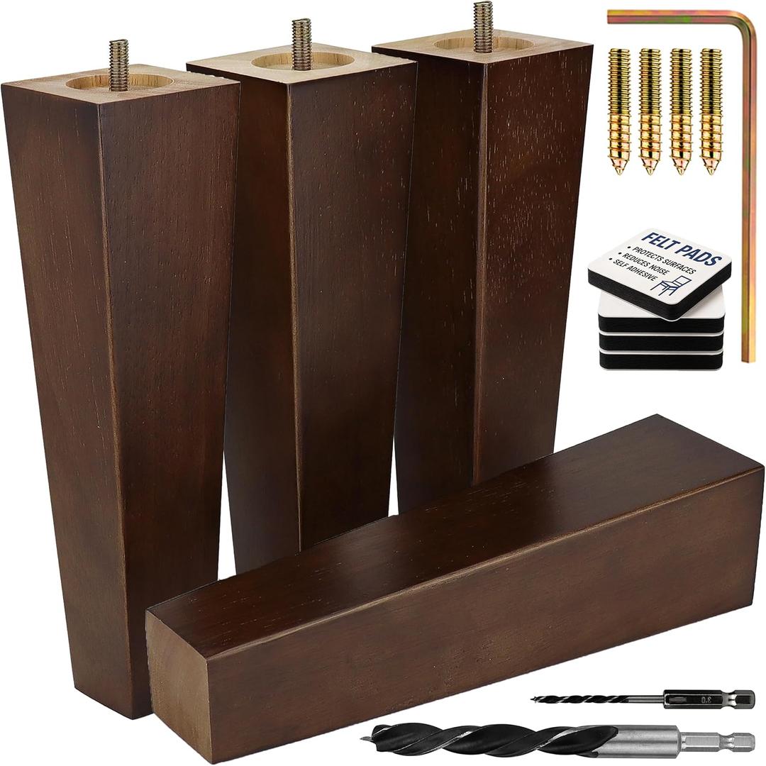 Airy Abode Premium Walnut Square Furniture Legs (Full Install Kit) Brown, 10 Inches