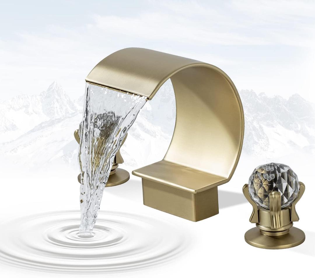 Bathroom Sink Faucet 3 Hole Widespread Waterfall Bathroom Faucets with Crystals Handles Basin Mixer Tap 8-Inch High Arc Vanity Faucet with Supply Hose, Brushed Gold