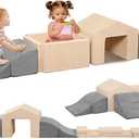 Foam Climbing Toys for Toddlers, 6PCS Climb and Crawl Activity Playset, Soft Foam Climbing Blocks Indoor, Toddler Play Climbing and Ball Pit with Slide Stairs and Ramp (Grey & Beige)