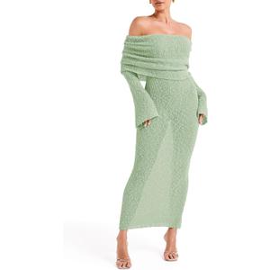 Saodimallsu Womens Off Shoulder Summer Maxi Dress Bell Long Sleeve Sexy Bodycon Strapless Sheer Beach Swimsuit Coverup (Green, S)
