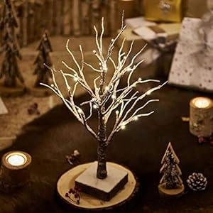 Hairui Lighted Tabletop Artificial Small Tree Snow Dusted 24 LED 18IN Battery Operated with Timer Indoor Use for Halloween Christmas Tree Decoration