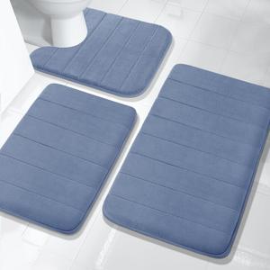 Yimobra Memory Foam Bath Mat Set 3 Pieces- Super Soft Absorbent Quick Dry Bathroom Rug Sets, Machine Washable Non Slip Floor Carpet for Tub Shower, Vanity & Toilet Base, Denim Blue (31.5''x20'' +17''x24'' + 24''x20'')