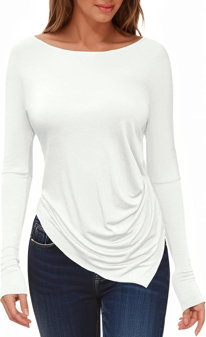 Tankaneo Womens Boat Neck Long Sleeve Tops Ruched Asymmetric Hem Fitted T-Shirts Casual Yoga Workout Tees (Large)