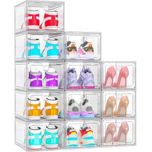 ARSTPEOE 12 Pack Upgrade Harder Shoe Organizer, Shoe Storage with Magnetic Front Door, Clear Shoe Boxes Foldable Space-Saving Shoe Rack for Sneaker Boot Container, White
