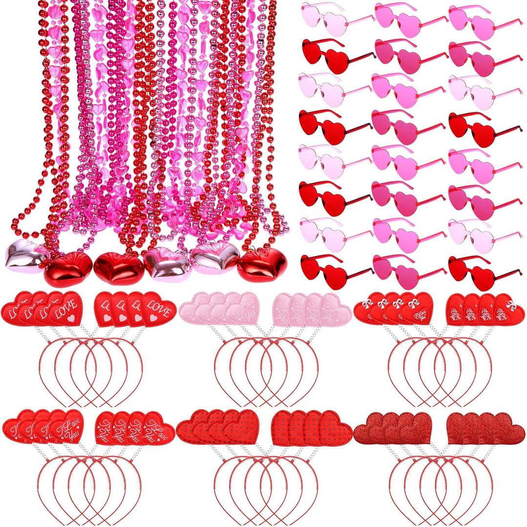 Kanayu 72 Pcs Valentine's Day Accessories Set Include 24 Heart Headbands Head Boppers 24 Heart Shape Sunglasses 24 Beaded Necklace for Valentine Party Favors Costume Supply(Mixed Colors)