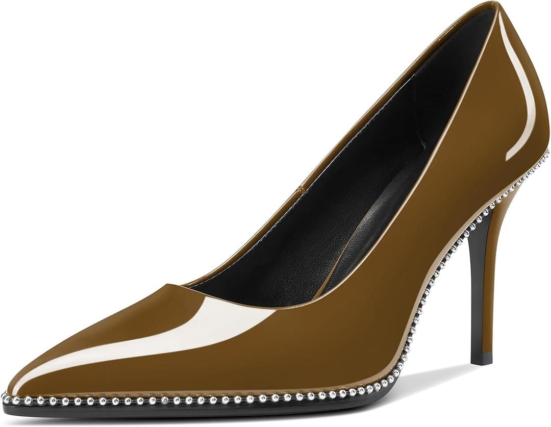 Mallyteeds Stiletto High Heels Pumps for Women 3.6 Inch Closed Toe Slip-on Beaded Pumps Party Wedding Dress Shoes Bride