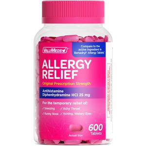 ValuMeds Allergy Medicine Antihistamine, Diphenhydramine HCl 25 mg | Children and Adults | Relieve Itchy Eyes, Runny Nose, Sneezing (25 mg, 600)