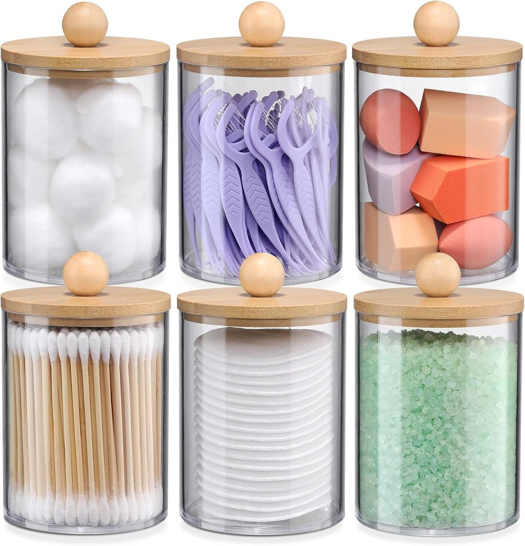 6-Pack Bamboo Qtip Holders - Bathroom Storage for Cotton Balls, Swabs, Pads, Floss, 10oz