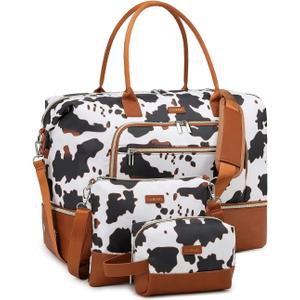 Weekender Bags for Women, Travel Duffle Bag Carry On Overnight Bag with Cosmetics Bag and Crossbody Purse for Gym Hospital, Gifts for Women, Cow Print Brown