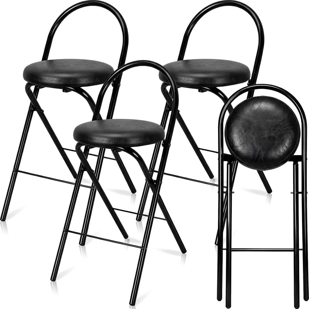 CroBlissful 4 Pcs 24 Inch Folding Bar Stool with Backrest, Leather Padded Folding Stools for Adults up to 350lbs, Collapsible Round Counter Height Stool Chair for Camping Kitchen Shop Cafe (Black)