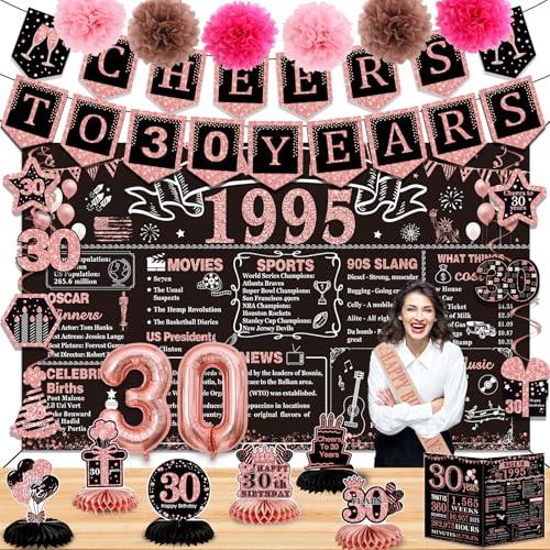 30th Birthday Decorations for Women ,24PCS 1995 Banner Decorations,Including Banner,6 Honeycomb Topper,30 Balloons,Anniversary Card,Cheers to 30 Years Banner,7 Hanging Swirl,6 Paper Poms,Sash