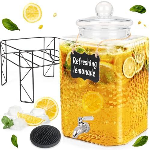 FULJOOY 4.6 Gallon Glass Beverage Dispenser with Stand Beverage Dispensers with Ice Cylinder Steel Spigot Hanging Chalkboard Signs Drip Trays Drink Juice Dispenser with Lids for Party Wedding Kitchen
