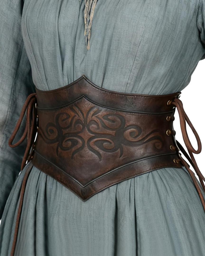 L'VOW Brown Leather Corset Belt Women Renaissance Belt Medieval Viking Belt Wide Cinch Belt (S Fit Waist 24.41-27.56in)