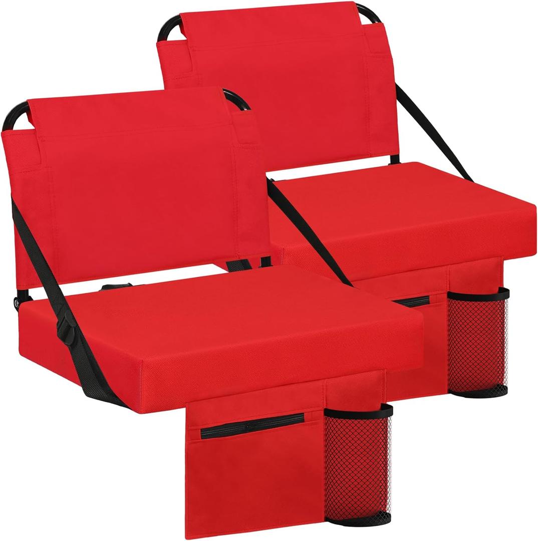 Stadium Seat for Bleachers with Back Support and Wide Padded Cushion Stadium Chair - Includes Shoulder Strap and Cup Holder (Red,2 Pack)