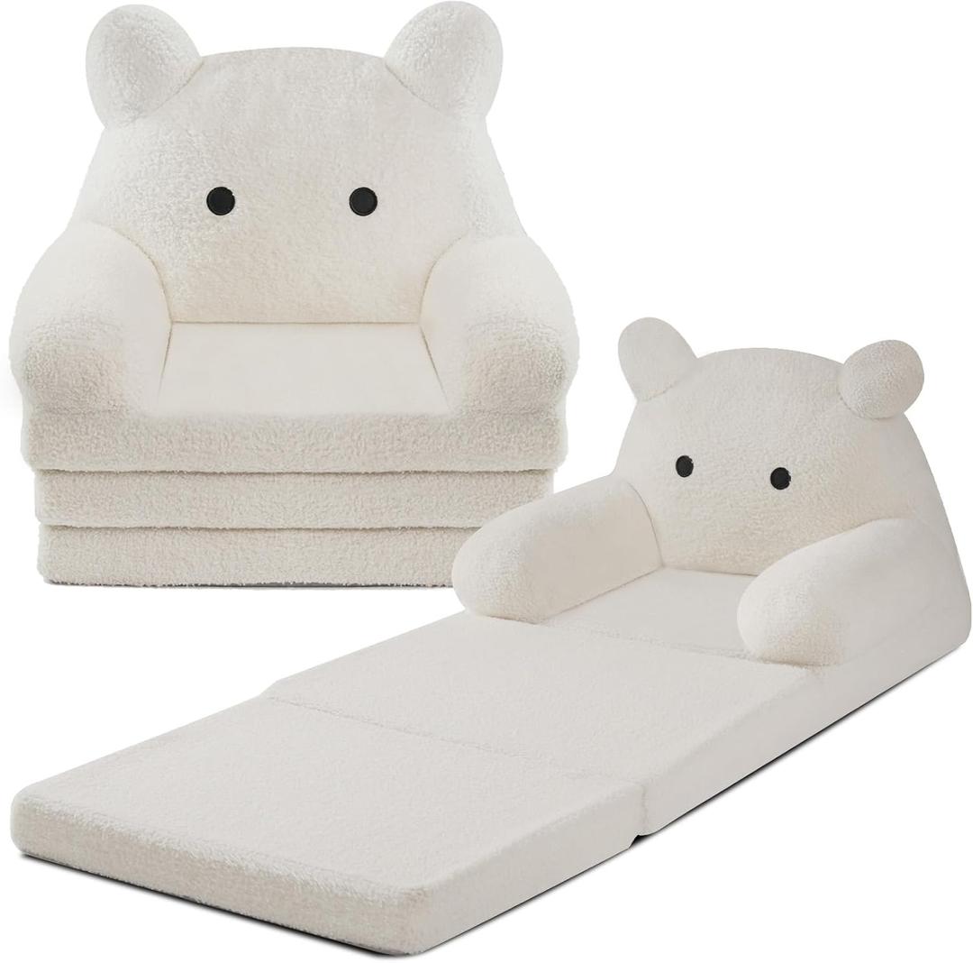 Foldable Kids Sofa, Sherpa Teddy Bear Toddler Couch with Tri Folding Foam Cushions, Kids Couch Sofa for 1 2 3+ Year Old Girls Boys Birthday Gift, fit for Playroom, Nursery, or Living Room
