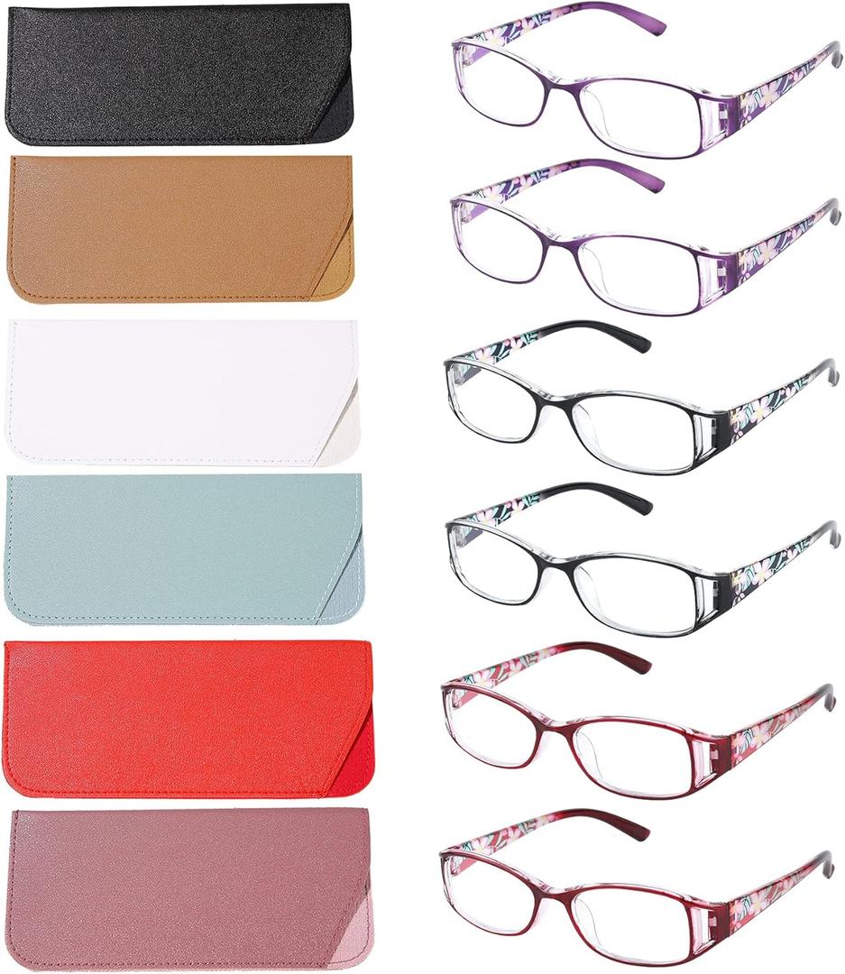 6 pairs Reading Glasses, Women Fashion and elegant anti-blue light HD resin old Reading Glasses (2 Red 2 Black 2 Purple)