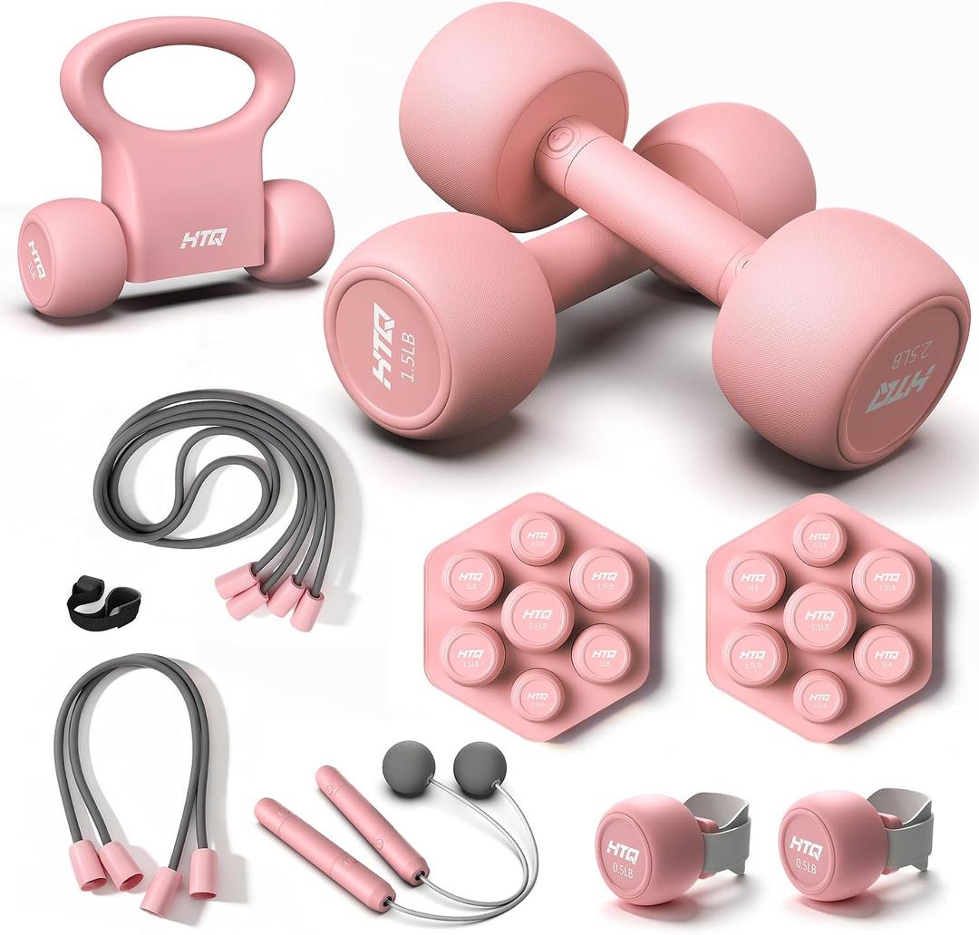 HTQ Adjustable Dumbbell Set for Women, 2-17LBS Total Plate Weight Home Workout Equipment with Kettlebell, Wrist Weights, Resistance Tube, Jump Rope, Pink/Green Free Weights Set for Women at Home