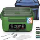 Cordless Electric Heated Lunch Box, XL 6.3Cups Rechargeable Food Warmer Lunch Box with Self Heating, Smart Timer, Adjustable Temperature, Leakproof, BPA Free, Removable Divider Green
