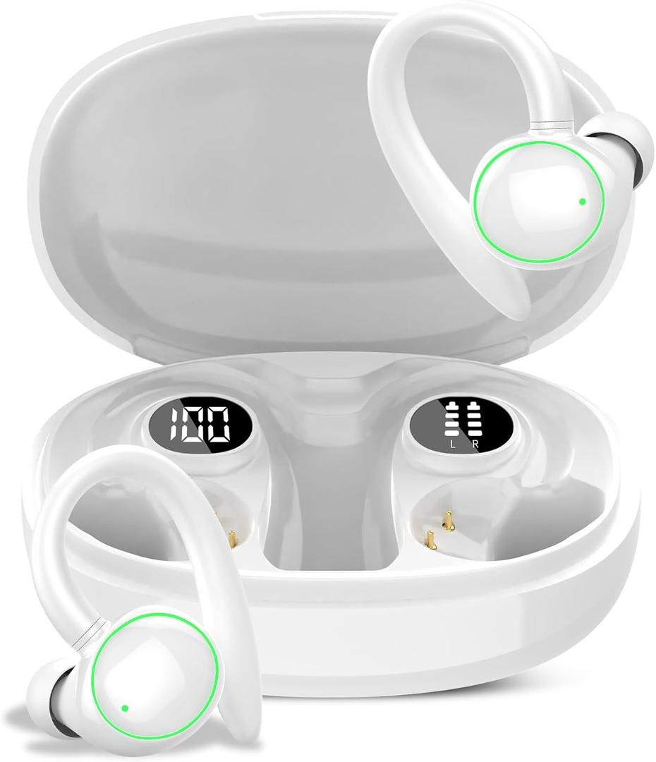 Wireless Earbuds, Bluetooth 5.4 Headphones Sport, Over Ear Buds With ENC Noise Cancelling Mic, 48H, Wireless Earphone With Earhooks, Stereo Deep Bass, IP7 Waterproof Headset for Workout, White