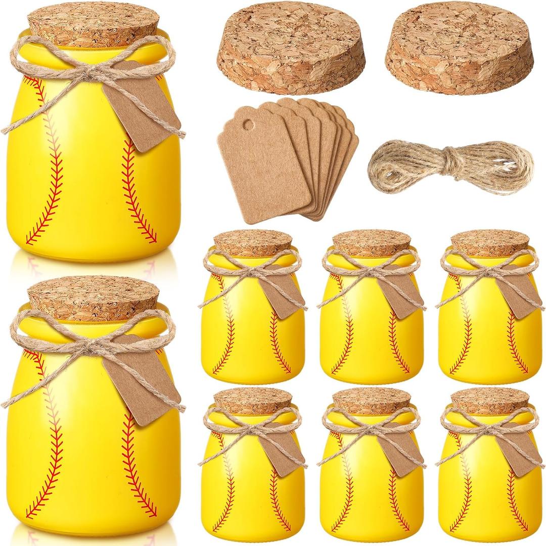 Funnymoom 8 Set Softball Senior Night Gift Glass Jar for Dirt Softball 7oz Glass Jar with Cork Lid Mini Sport Team Gift Bonus Twine and Labels for Sport Party Favors Decoration