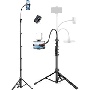 Phone Tripod Stand, 85" Tall Cellphone Tripod for iPhone with Gooseneck Remote, Flexible Portable Phone Stand for Recording, Compatible with iPhone 14 13 12 pro Android Camera (Black)