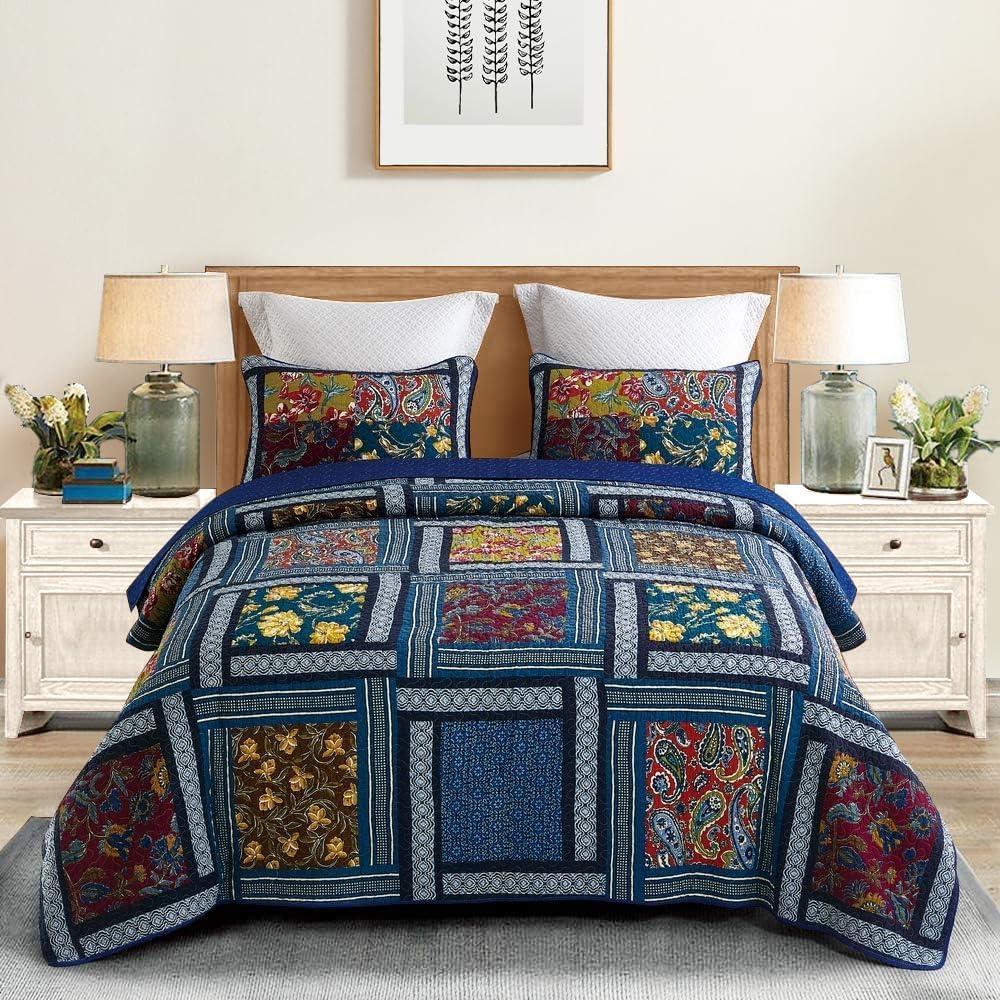 DECMAY 100% Cotton California King Quilt - Oversized King Bedspread, Handmade Real Patchwork Quilts for All Season, Lightweight Country Quilt Sets with 2 Pillowcase (Royal Blue)