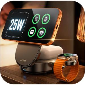 LISEN [Ultra-Fast 25W] 3-in-1 Charging Station for Apple, Qi2.2 25W Foldable Wireless MagSafe Charger Stand for iPhone 17/16/15/14/13 Pro Max, Apple Watch&AirPods, Travel Portable with 45W Adapter