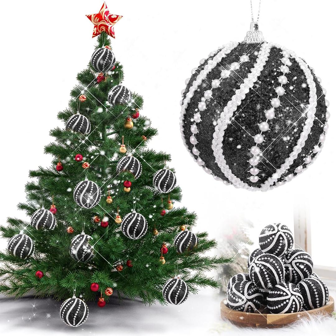 Leitee 12 Pcs 3.15" Glitter Christmas Balls Ornaments Sequin Shatterproof Foam Christmas Tree Decorations Glitter Hanging Pearl Balls for Xmas New Year Wedding Party Decorations(Black Color)