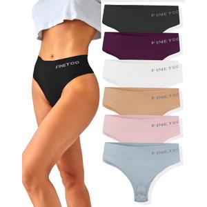 FINETOO Pack of 6 High Waisted Thongs for Women, Nylon Spandex Panties Breathable Soft Stretchy Underwear High Rise S-XL (Medium-Large)