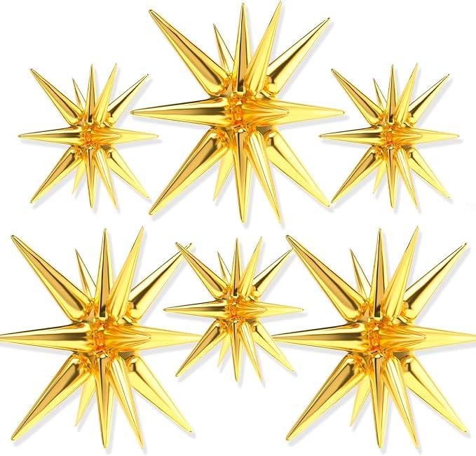 PartyWoo Metallic Gold Star Foil Balloons 6pcs Different Sizes Pack of 27 22 Inch Explosion Spike Mylar Balloons for Graduation Wedding Anniversary Bachelorette Engagement Birthday Party Decorations