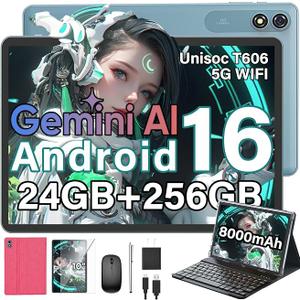 Android 16 Tablet with Keyboard, 10 inch Tablet with 24GB+256GB+2TB Expand | 2026 Gemini AI Tablet PC with 8-Core, 5G WiFi, 8000mAh, GMS, GPS, 2-in-1 Tablet with Case, Mouse, Stylus(Pink case)