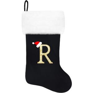 20 Inches Monogram Christmas Stockings Black Velvet with White Super Soft Plush Cuff Embroidered Xmas Stockings Classic Personalized Stocking Decorations for Family Holiday Season Decor(R)