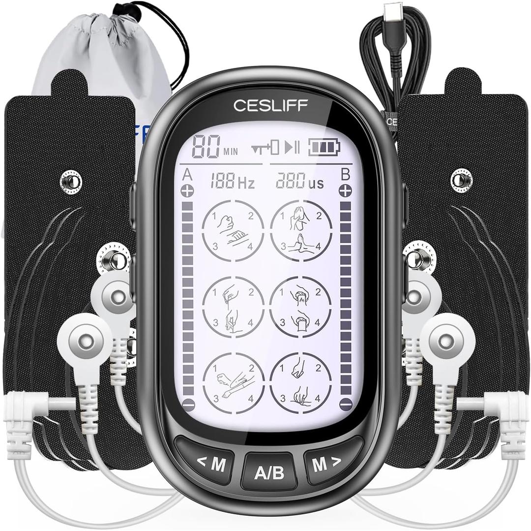 Dual Channel TENS EMS Unit 24 Modes 36 Levels, Upgraded Large Screen Intensity Muscle Stimulator for Back Neck Shoulder Pain Relief, Rechargeable Electric Pulse Massager TENS Machine with 10 Pads (Black)
