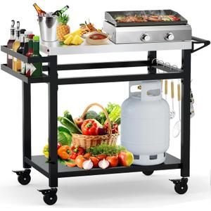 32"x 20" Stainless Steel Outdoor Grill Table, Movable Grill Cart, Outdoor Kitchen Island Prep Stand Station, Pizza Oven Table, Grill Stand Fits Griddle 17" 22", Rolling Bar Cart with 5 Utensil Hooks