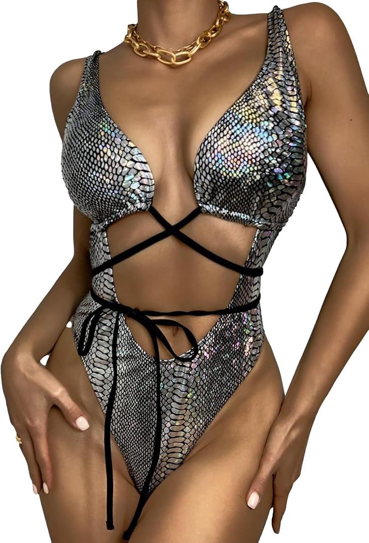 Women's Metallic Snakeskin One Piece Swimsuits Rave Outfit Bathing Suits, Medium, Silver