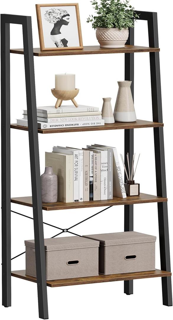 VASAGLE Ladder Shelf, 4-Tier Bookshelf, Storage Rack, Bookcase with Steel Frame, for Living Room, Home Office, Kitchen, Bedroom, Industrial Style, Rustic Brown and Ink Black ULLS44X