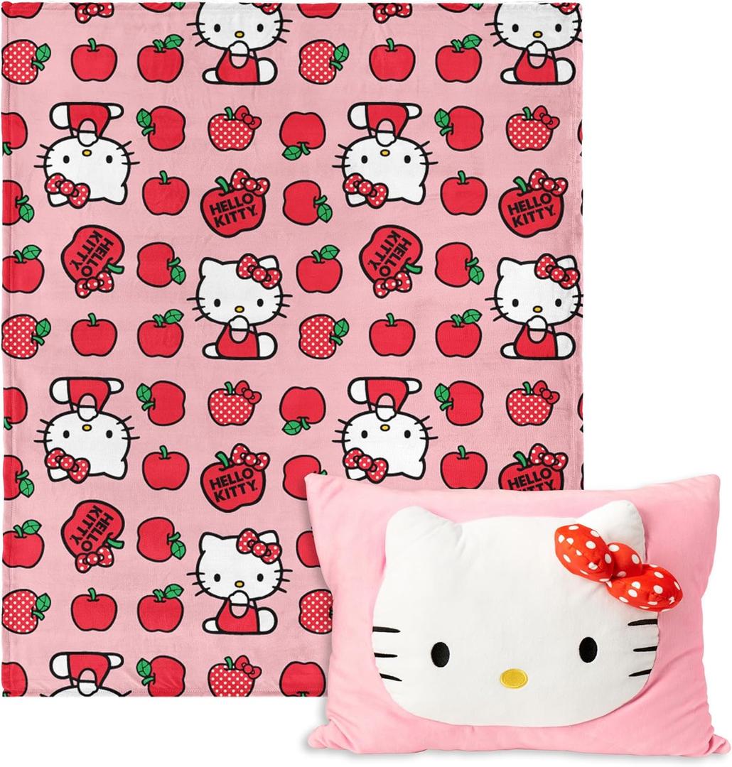 Northwest Sanrio Hello Kitty Forever Sweet Silk Touch Throw Blanket 50" x 60" with 3D Plush Pocket Pillow 14" x 20"  Comfy Hello Kitty Plush Blanket and Pillow Set