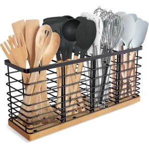 Suli Extra Large Kitchen Utensil Holder Countertop with 4 Compartments,Matte Black Metal holder with Wooden Base for Countertop,Farmhouse Utensil Organizer for counter,Rustic Cooking Utensil Organizer