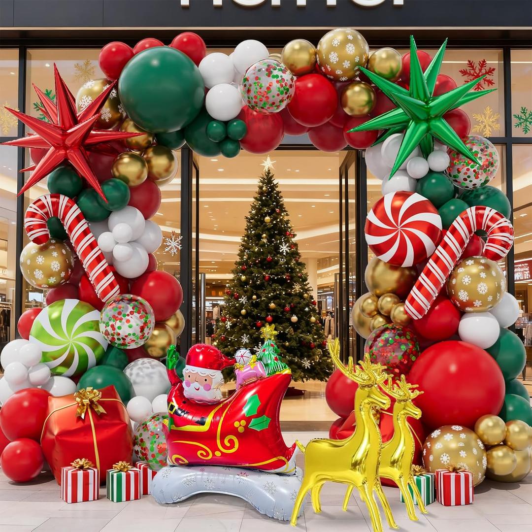 Christmas Balloon Garland Arch kit with Red White Green Gold Balloons, Confetti Balloons, Candy, Cane, Elk, Gift Box, Explosion-Star, Santa-Claus Sleigh Foil Balloons for Xmas Party Decorations